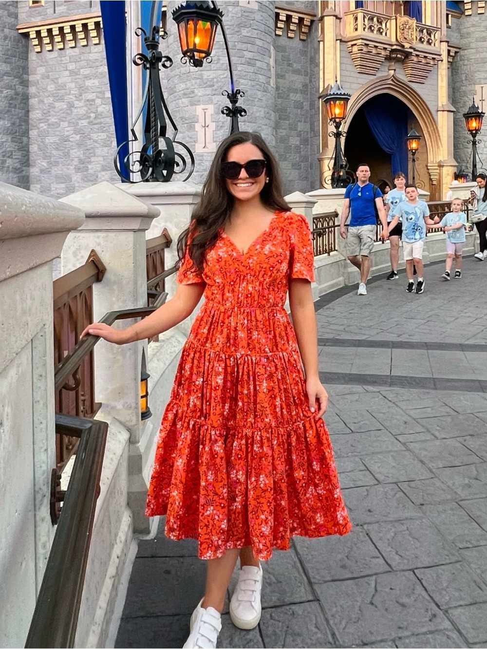Draper James Orange Floral Tiered Midi Dress
